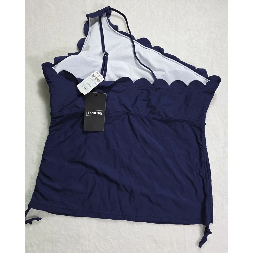 NWT Women's 2XL Navy One Shoulder Tankini Set Scallop Trim Swimwear